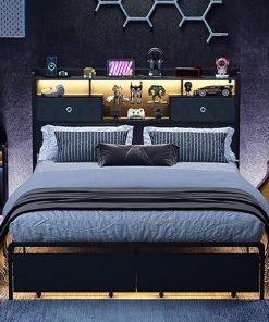 Full Size Bed Frame with All-Round LED Lights, 3-Tier Storage Headboard and Charging Station, Heavy Duty Metal Platform Bed Frame with Underneath Drawers, Noise-Free, No Box Spring Needed