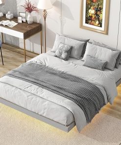 Queen Size Floating Bed Frame with LED Lights Solid Pine Wood Grey