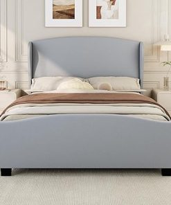 King Size Linen Upholstered Platform Bed with Wingback Headboard