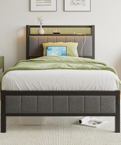 BOFENG Twin Bed Frame with Upholstered Storage and LED Lights