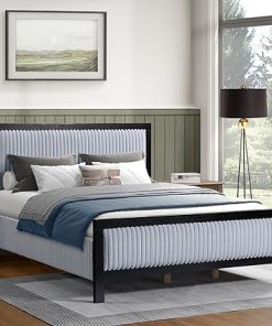 King Size Wood Platform Bed Frame with Upholstered Headboard in Black Gray