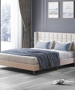 Modern Velvet Queen Bed Frame with Wingback Headboard and Slats