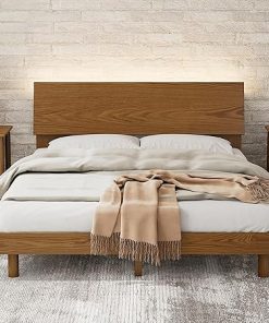 Mid Century Queen Platform Bed with Bookshelf Headboard and LEDs