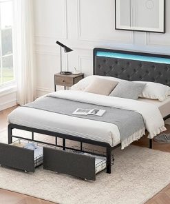 GAOMON Queen LED Bed Frame with Storage and Upholstered Headboard