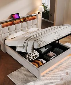 Merax Full Size Upholstered Bed Frame with Storage and USB Charging