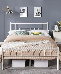 Queen Size Metal Bed Frame with Headboard and Storage in White