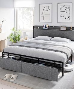 King Size Bed Frame with Storage Headboard and Charging Station