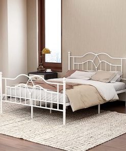 RYR Metal Platform Queen Bed Frame with Headboard Easy Assembly White
