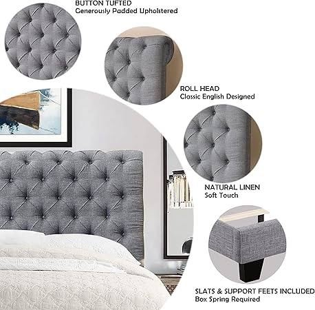 Rosevera Corrine Gray Queen Bed Frame with Tufted Adjustable Headboard 2 Rosevera Corrine Gray Queen Bed Frame with Tufted Adjustable Headboard - Image 2