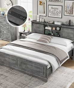 King Size Bed Frame with Storage Headboard and Charging Station Grey 2