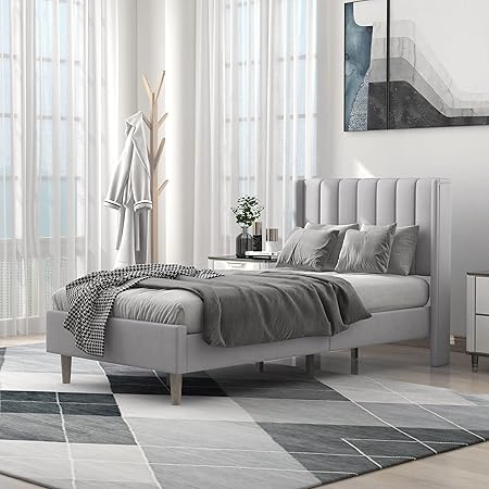 Twin Upholstered Platform Bed Frame with Headboard and Steel Support Twin Upholstered Platform Bed Frame with Headboard and Steel Support