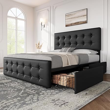Queen Size Faux Leather Bed Frame with Storage Drawers and Headboard Queen Size Faux Leather Bed Frame with Storage Drawers and Headboard