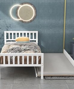 Twin Bed with Trundle Wood Platform Frame for Small Spaces White
