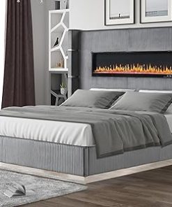 King Bed Frame with Fireplace and Storage Velvet Upholstered Gray 2