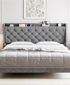 King Size Bed Frame with Charging Ports and Storage Shelf Light Gray