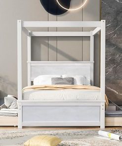 Bellemave Full Canopy Bed with 4 Storage Drawers in Brushed White