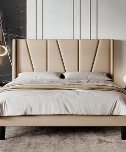SHA CERLIN Queen Size Bed Frame with Geometric Wingback Headboard