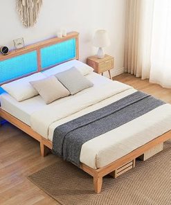 Queen Bed Frame with Rattan Headboard and LED Lights, Easy Assembly