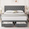 Velvet Upholstered Bed Frame with Storage Headboard and LED Lights 4