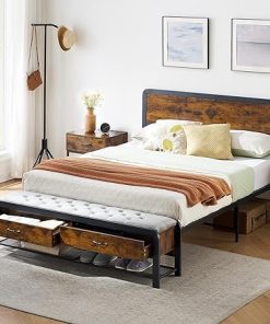 Queen Bed Frame with Ottoman Storage, Platform Bed Frame with Storage Drawers and Headboard, Safe Rounded Corners, Strong Metal Support – No Box Spring Needed, Rustic Brown