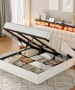 King Size Lift Up Storage Bed Frame with LED Headboard and Shelves