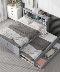 Full Size Trundle Bed with Drawers and Bookcase Headboard Gray