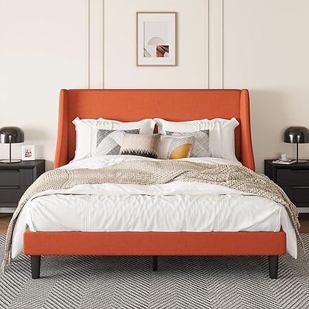 SHA CERLIN Queen Platform Bed Frame with Upholstered Wingback Headboard SHA CERLIN Queen Platform Bed Frame with Upholstered Wingback Headboard