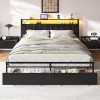 GAOMON Full Bed Frame with Rattan Headboard and LED Lights 4