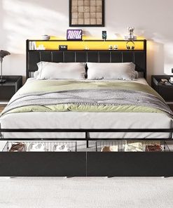 Albott King Storage Bed Frame with Two Drawers and Charging Headboard