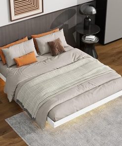 Japanese Floating Bed Frame with LED Lights, Queen Low Profile Design