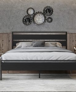 Queen Bed Frame with Wooden Headboard and Under Bed Storage Black