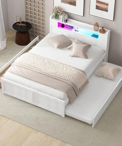 Queen Size Wooden Bed Frame with Storage Headboard and LED Light
