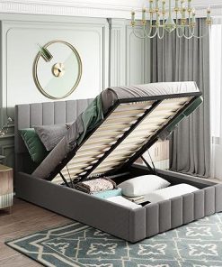 Full Upholstered Platform Bed with Gas Lift Storage in Grey