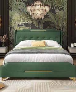 King Upholstered Bed Frame with High Headboard and Wooden Slats Green