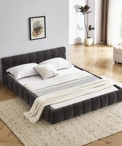 Queen Size Upholstered Bed Frame with Soft Headboard in Dark Gray 2