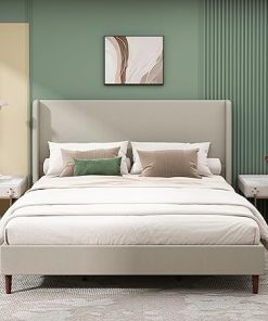 King Size Linen Upholstered Bed Frame with Tall Wingback Headboard
