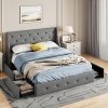 Queen Size Upholstered Platform Bed Frame with Storage Drawers Grey