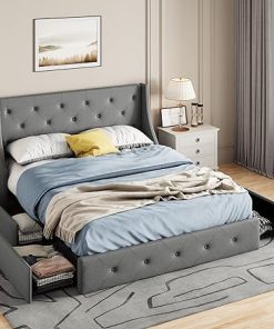 Queen Size Upholstered Platform Bed Frame with Storage Drawers Grey