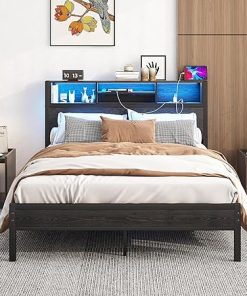 Black Full Bed Frame with Charging Station and LED Headboard Storage