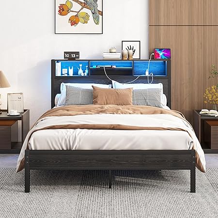 Black Full Bed Frame with Charging Station and LED Headboard Storage Black Full Bed Frame with Charging Station and LED Headboard Storage