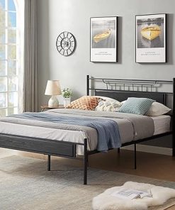 VECELO Queen Platform Bed Frame with Wood Headboard and Steel Slats