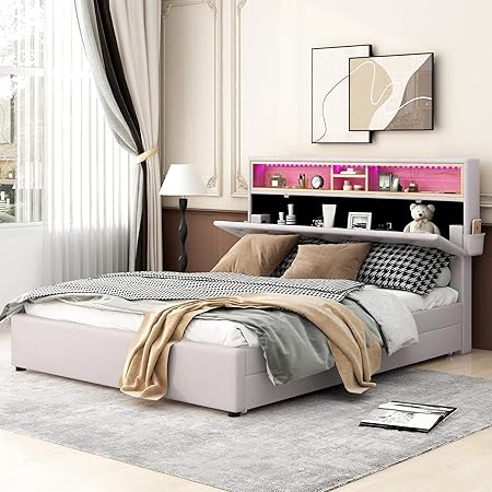 Queen Bed with Storage Headboard and LED USB Charging, Beige Queen Bed with Storage Headboard and LED USB Charging, Beige