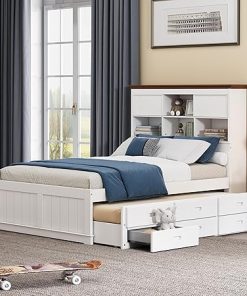 Full Platform Bed with Twin Trundle and 3 Storage Drawers