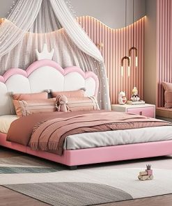 Pink Upholstered Full Size Platform Bed with Crown Headboard for Kids 2