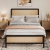 Full Size Platform Bed Frame with Natural Rattan Headboard and Storage