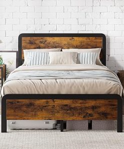 Full Bed Frame with Wood Headboard and Metal Slats, No Box Spring