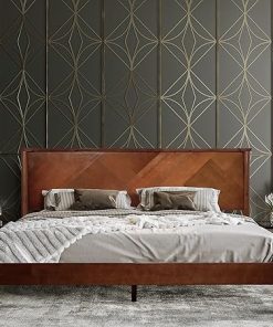 Walnut King Bed Frame with High Headboard Solid Wood Platform Design