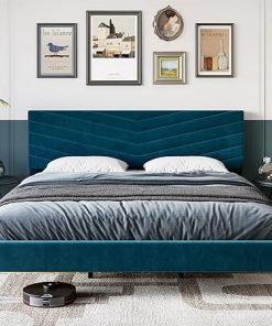 GAOMON King Size Blue Velvet Upholstered Platform Bed Frame