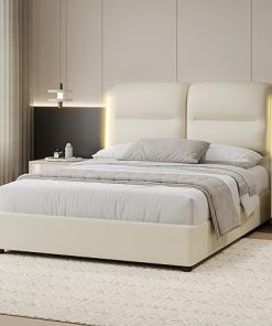 Queen Size Upholstered Hydraulic Bed with Lift Storage and LED Lights