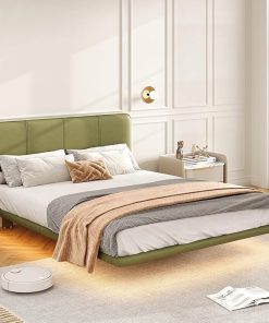 Queen Size Upholstered Floating Bed Frame with LED Headboard Green